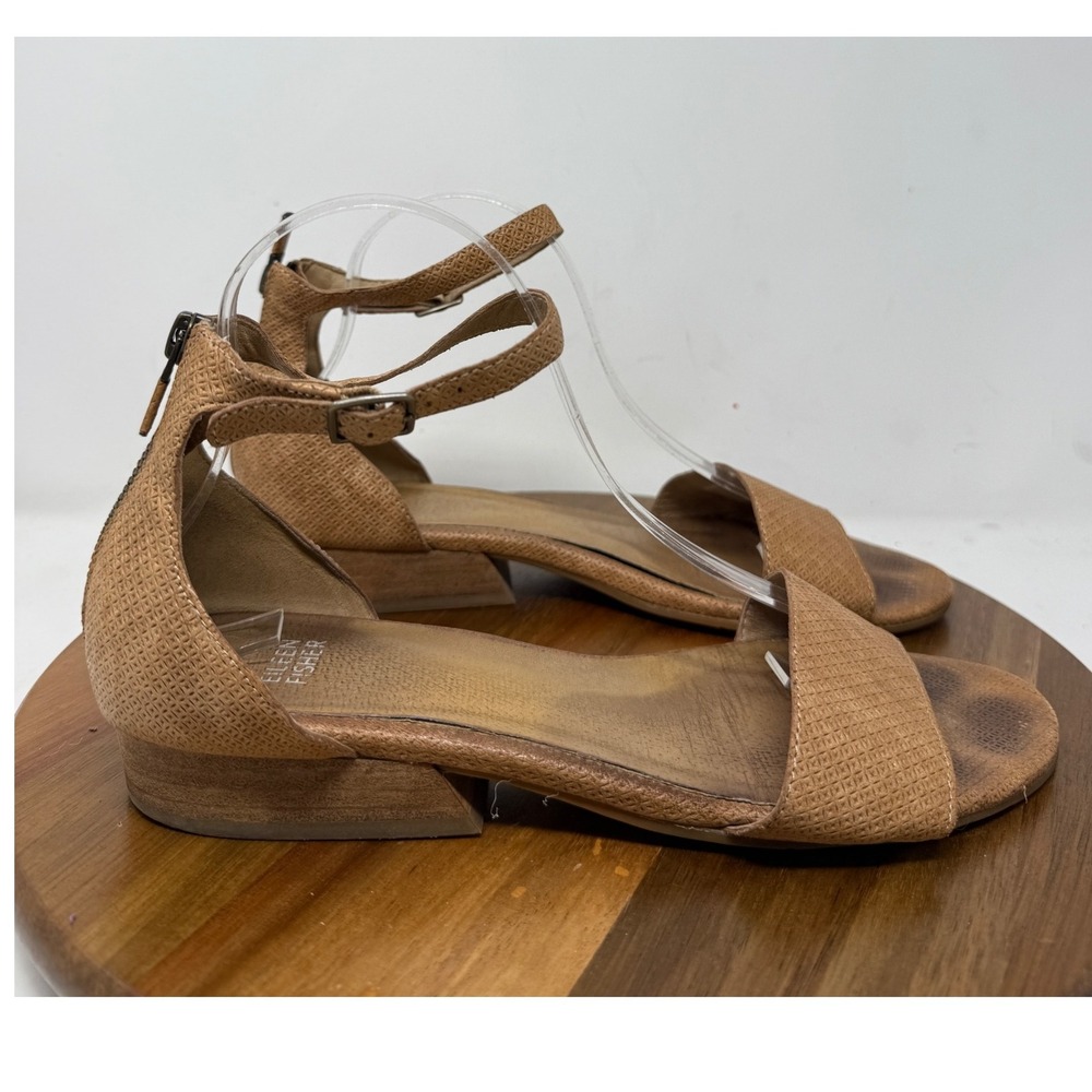 Eileen Fisher Elie Womens Tan Textured‎ Leather Ankle Strap Flat Sandals Size 9